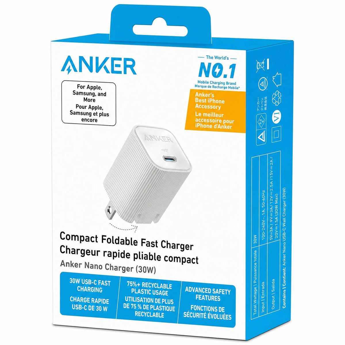 Anker Nano — Chargeur mural 30W USB-C — blanc
