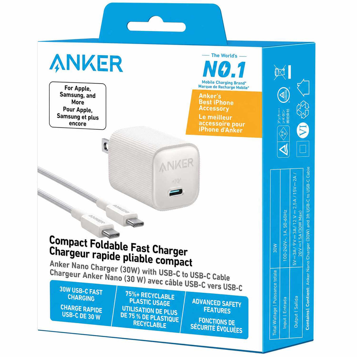 Anker Nano Wall Charger 30W USB-C White with USB-C Braided 3ft Cable
