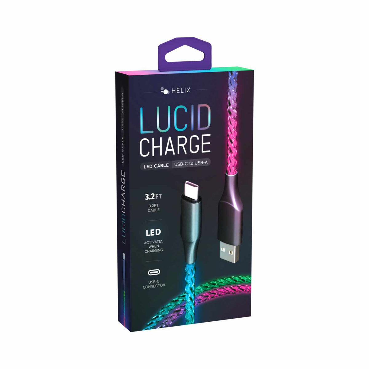 Helix/Retrak Lucid Charge LED USB-A to USB-C Cable 3.2ft Multi-Color