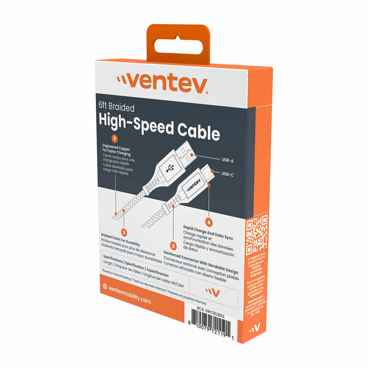 Ventev High Speed USB-A to USB-C Braided Cable 6ft Grey
