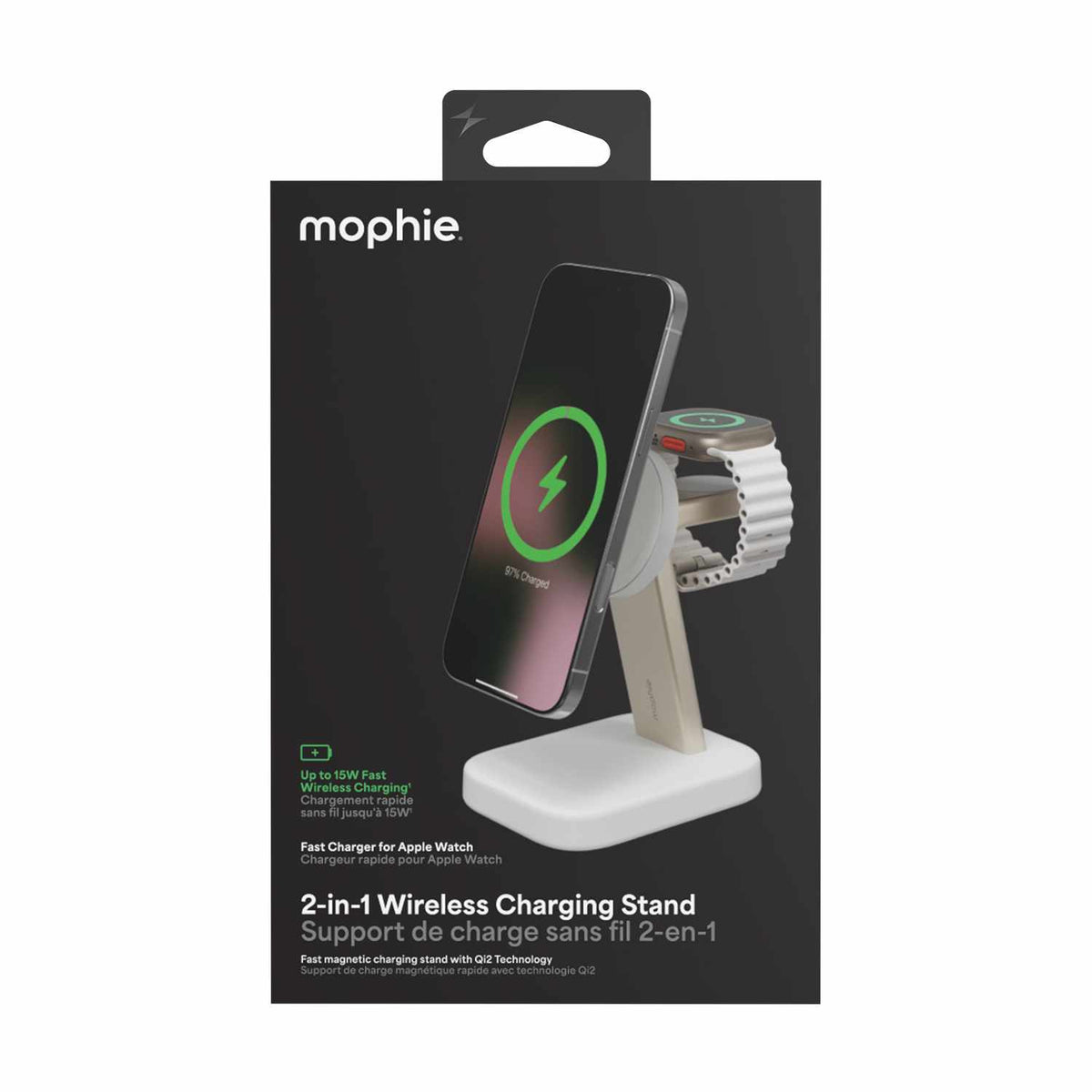 mophie Qi2 2-en-1 — Support de recharge sans fil 15W blanc pour téléphone et Apple Watch