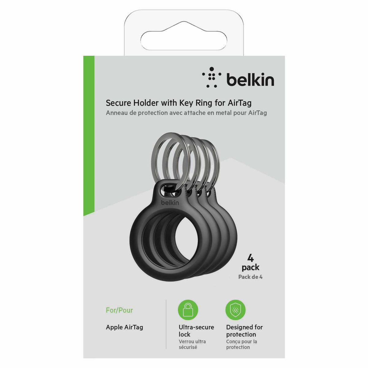 Belkin Secure Holder with Key Ring for AirTag 4-Pack Black