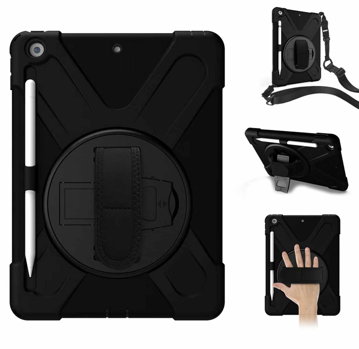 Emballage en vrac ultrarésistant — Étui avec support pour iPad 10.2 2021 9e génération/10.2 2020 8e génération/iPad 10.2 2019 — intégré Protecteur d’écran Hand et Bandoulière noir