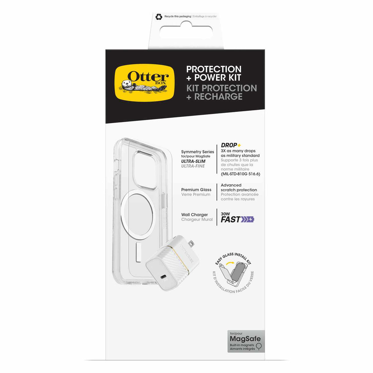 OtterBox — Ensemble Protection et alimentation (Symmetry Clear MagSafe avec Verre + Chargeur mural 30W blanc) pour iPhone 16