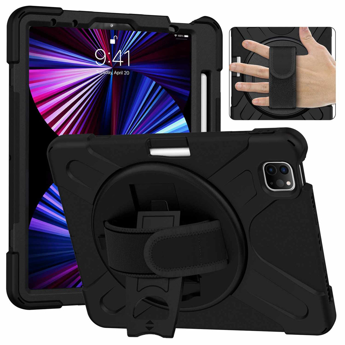 HYHDWAIR5SJPBKC Heavy Duty Case w/Kickstand/Built-in Screen Protector/Hand & Shoulder Strap iPad Pro 11 2022/2021/2020.2018/iPad Air 4 Black
