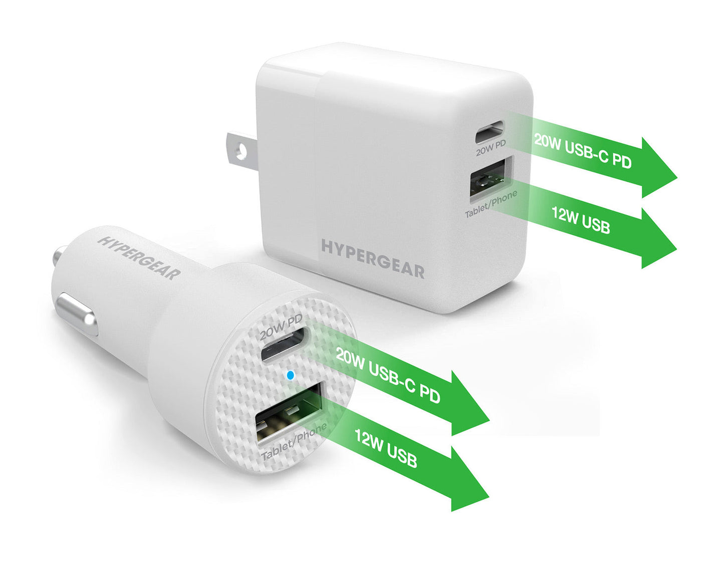 HyperGear 20W White Dual Port USB-A + USB-C CLA + Wall Charger Bundle Pack