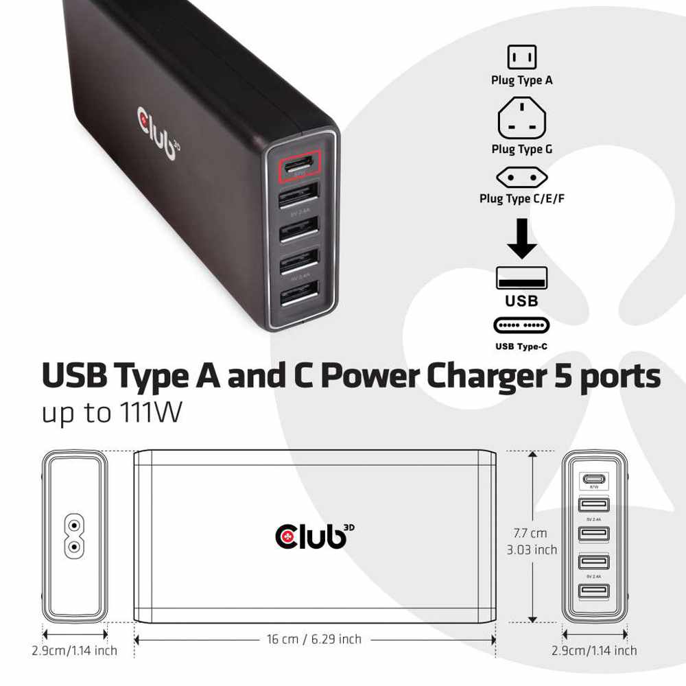 CAC1903US USB et USB-C Power — Chargeur/5 ports jusqu’à 111W USB-C recharge Câble Inclusive — noir