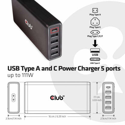 CAC1903US USB et USB-C Power — Chargeur/5 ports jusqu’à 111W USB-C recharge Câble Inclusive — noir