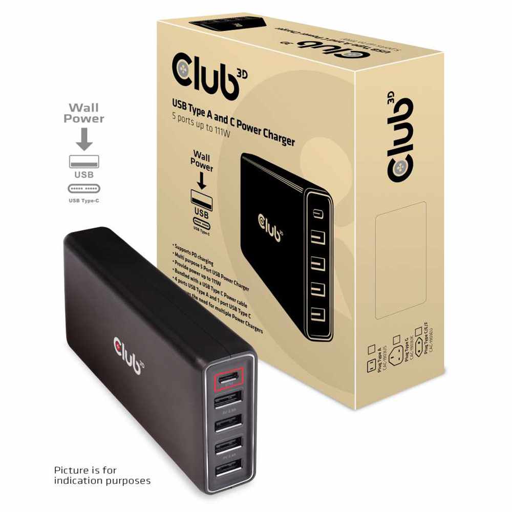 CAC1903US USB et USB-C Power — Chargeur/5 ports jusqu’à 111W USB-C recharge Câble Inclusive — noir