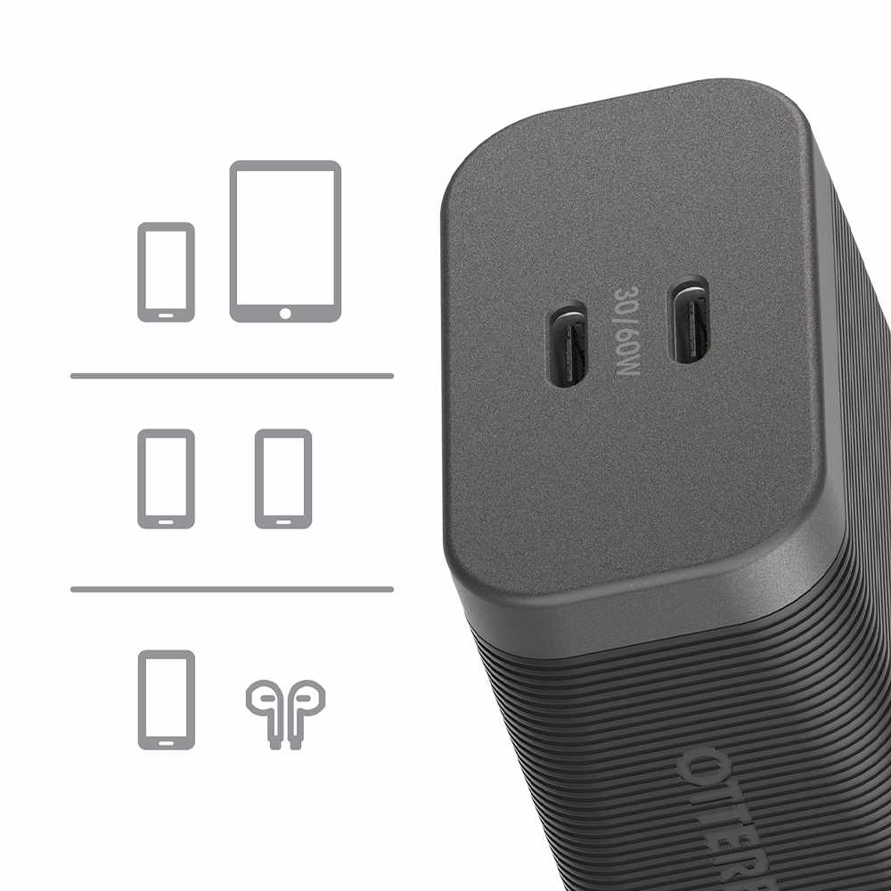 OtterBox Premium Pro — Chargeur mural 60W GaN PD/PPS 2-port USB-C noir avec pliable Prongs