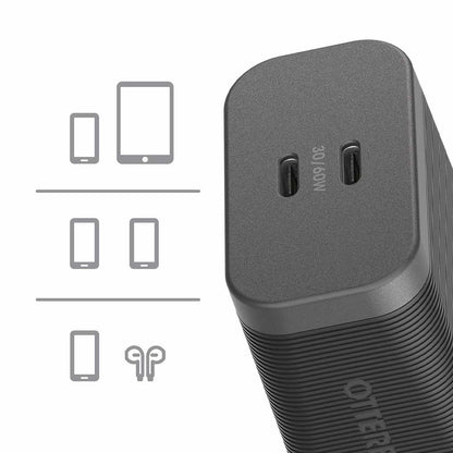 OtterBox Premium Pro — Chargeur mural 60W GaN PD/PPS 2-port USB-C noir avec pliable Prongs