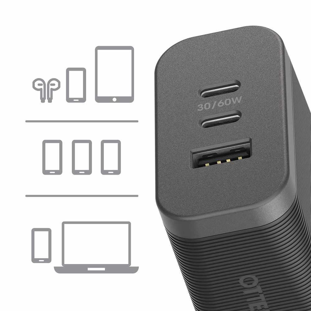 OtterBox Premium Pro Wall Charger 72W PD/PPS 2-Port USB-C & USB-A Black  w/ Foldable Prongs