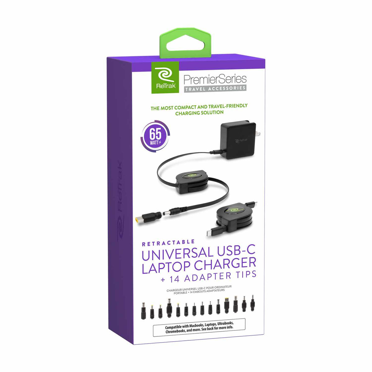 Helix/Retrak — Chargeur 65W avec 14 Tips noir + 6 po Câble USB-C pour Apple/PC ordinateur portable