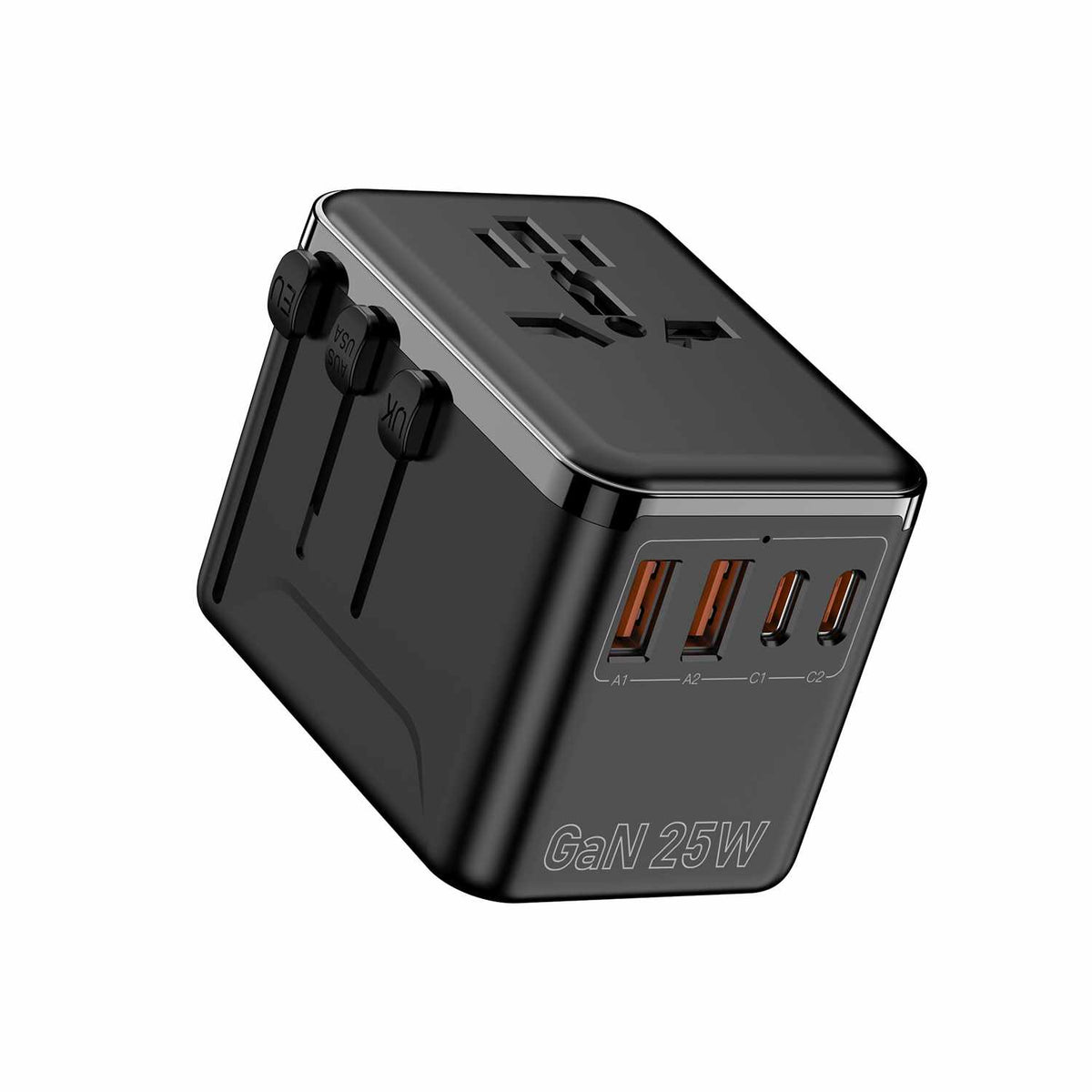 Bulk Packaging Universal International Travel Adapter 25W with 2 USB-A Ports/USB-C Ports & Nylon Pouch Black