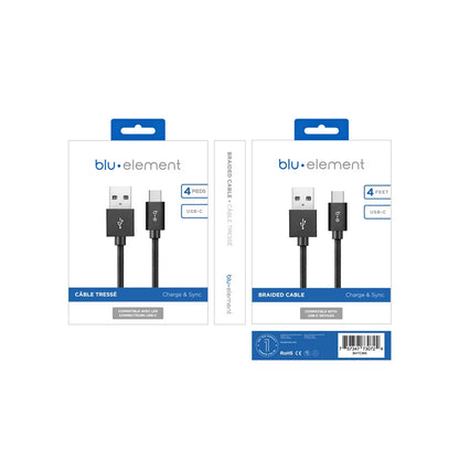 Blu Element Braided Charge/Sync USB-C to USB-A Cable 4ft Black
