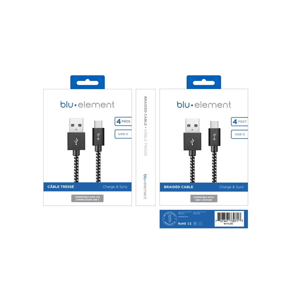 Blu Element Braided Charge/Sync USB-C to USB-A Cable 4ft Zebra