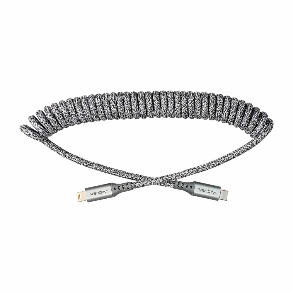 Ventev — Câble de recharge et de synchronisation Helix spiralé USB-C vers Lightning 3 pi gris