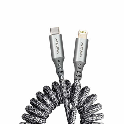 Ventev — Câble de recharge et de synchronisation Helix spiralé USB-C vers Lightning 3 pi gris