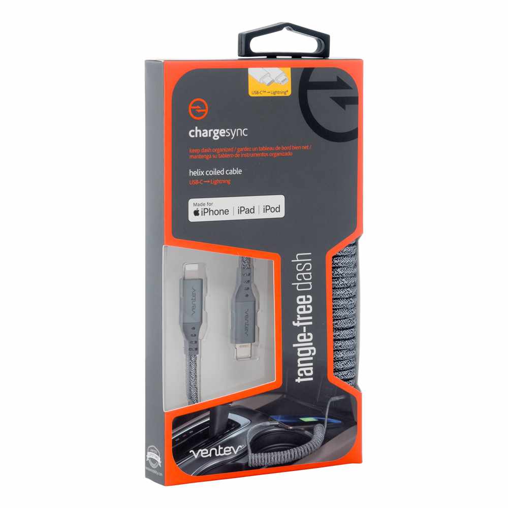 Ventev — Câble de recharge et de synchronisation Helix spiralé USB-C vers Lightning 3 pi gris