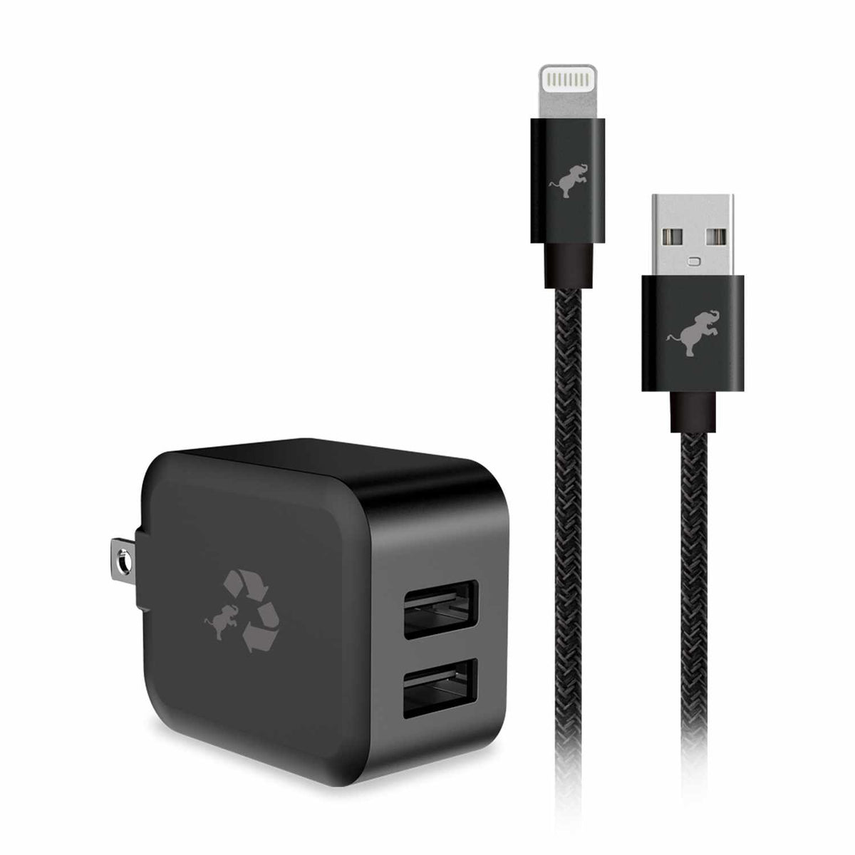 Nimble Wally Duo — Chargeur mural 12W 2-ports USB-A avec Câble USB-A vers Lightning — noir