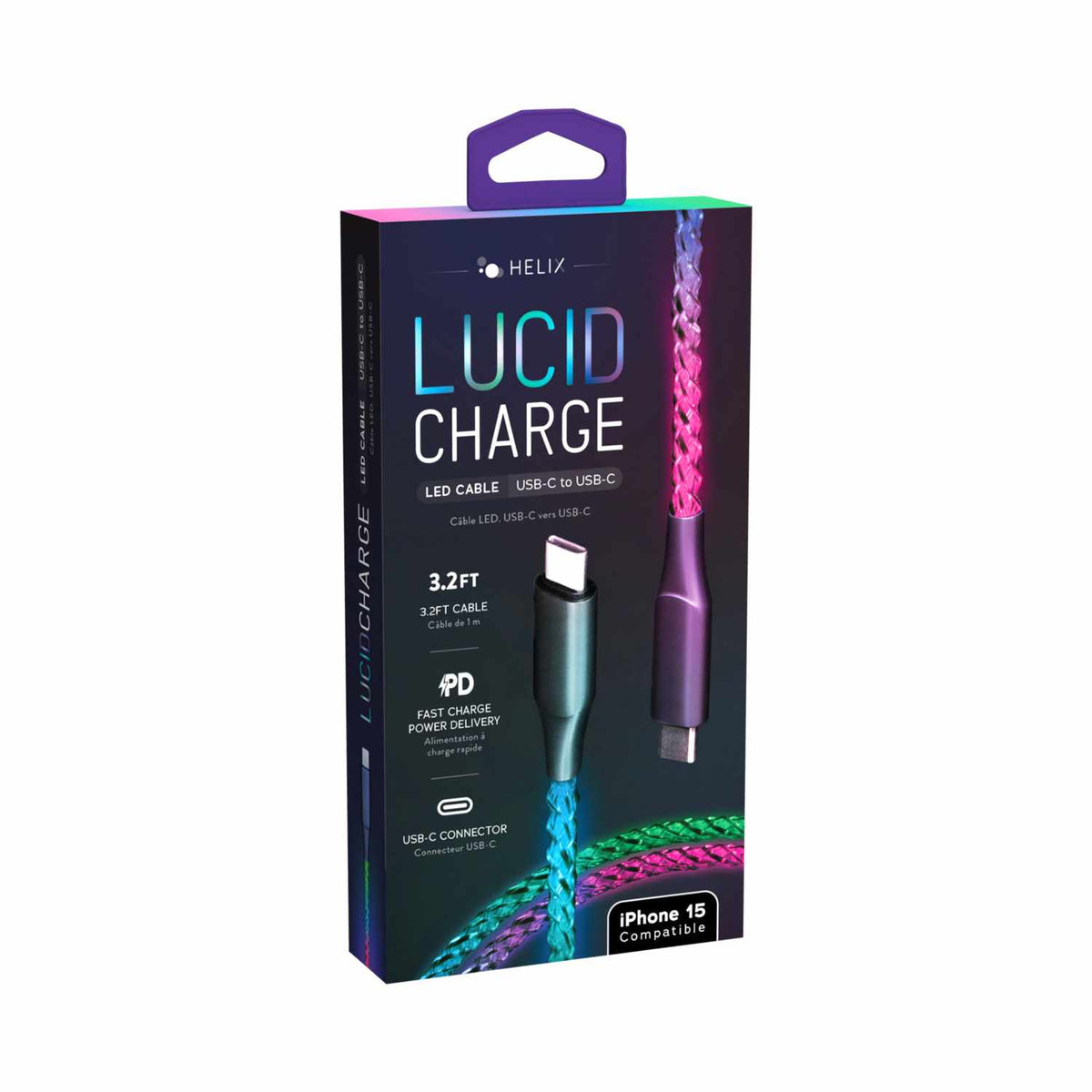 Helix/Retrak Lucid Charge LED USB-C to USB-C Cable 3.2ft Multi-Color