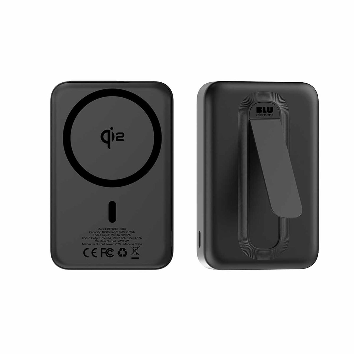 Blu Element Qi2 mince — Batterie externe sans fil avec support 10K — noir