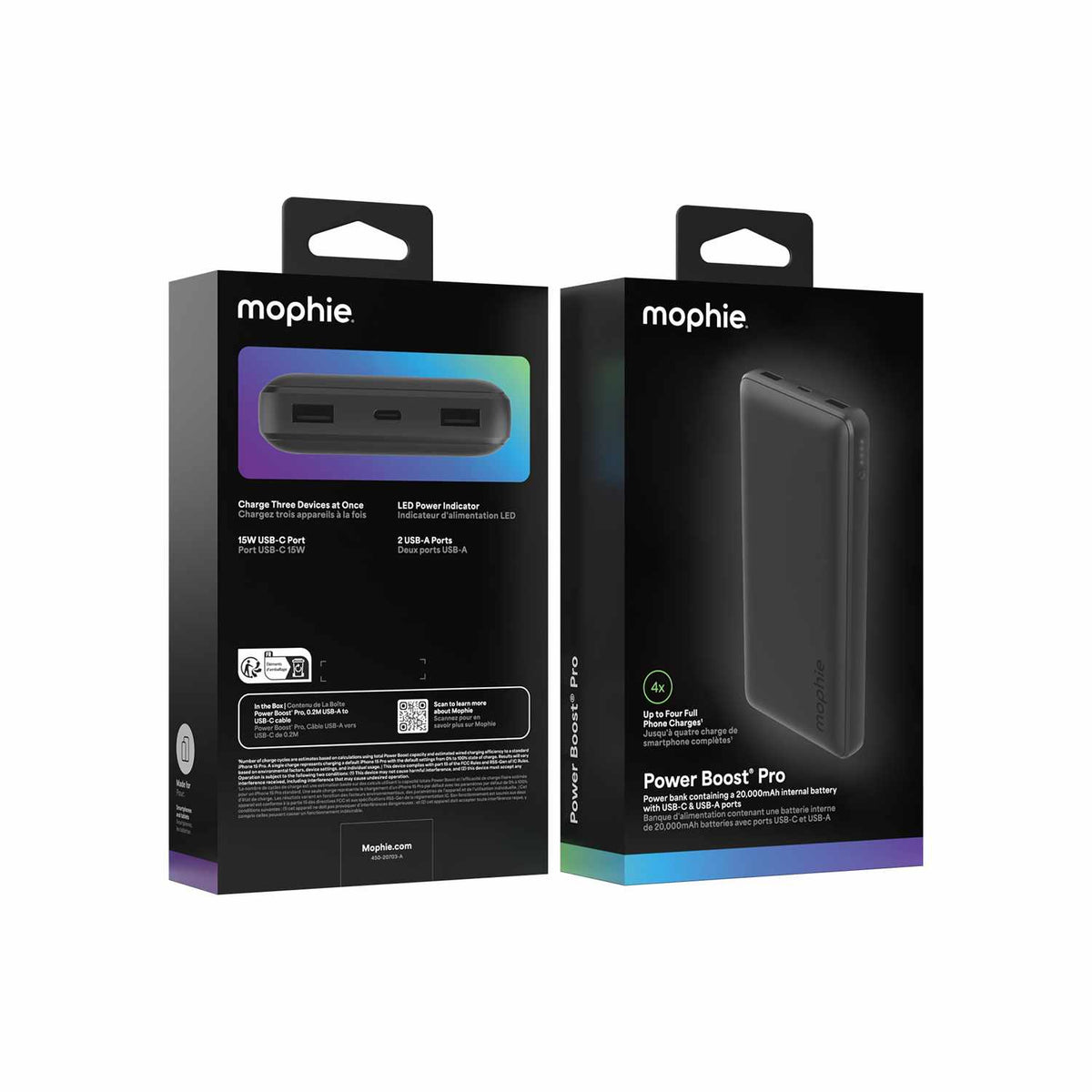 mophie Power Boost Pro Power Bank 20000mAh USB-C and dual USB-A port with C-C Cable Black