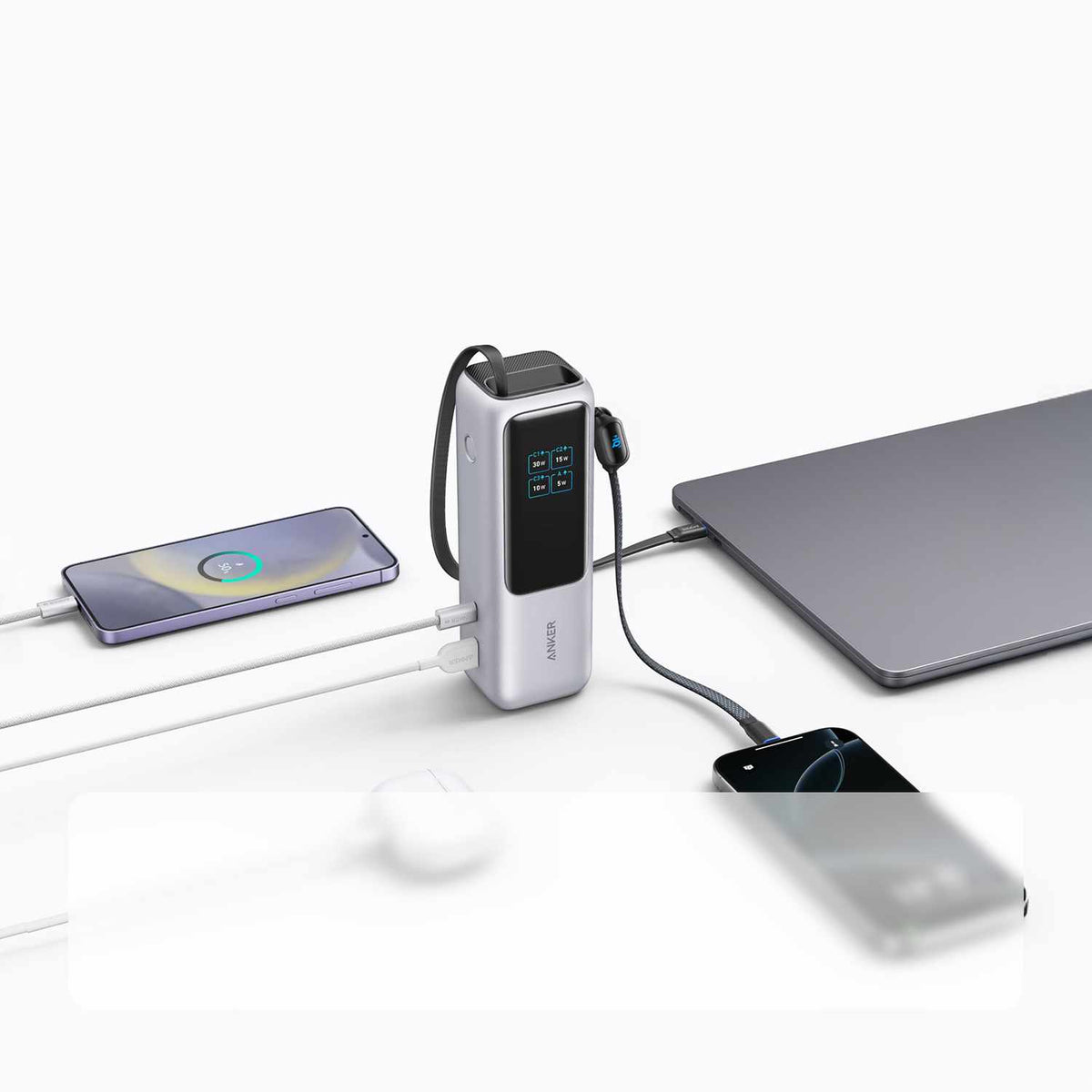 Anker 25,000 mAh Power Bank 165W with Built-In USB-C and Retractable Cable Silver