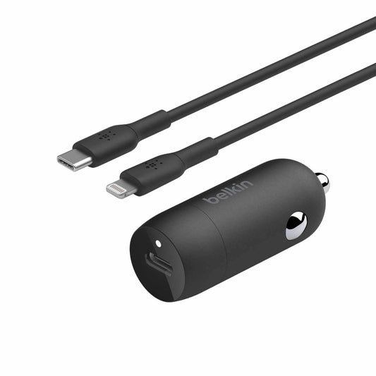 Belkin Boost Charge — Chargeur pour voiture 30W PD/PPS USB-C avec Câble USB-C vers Lightning — noir