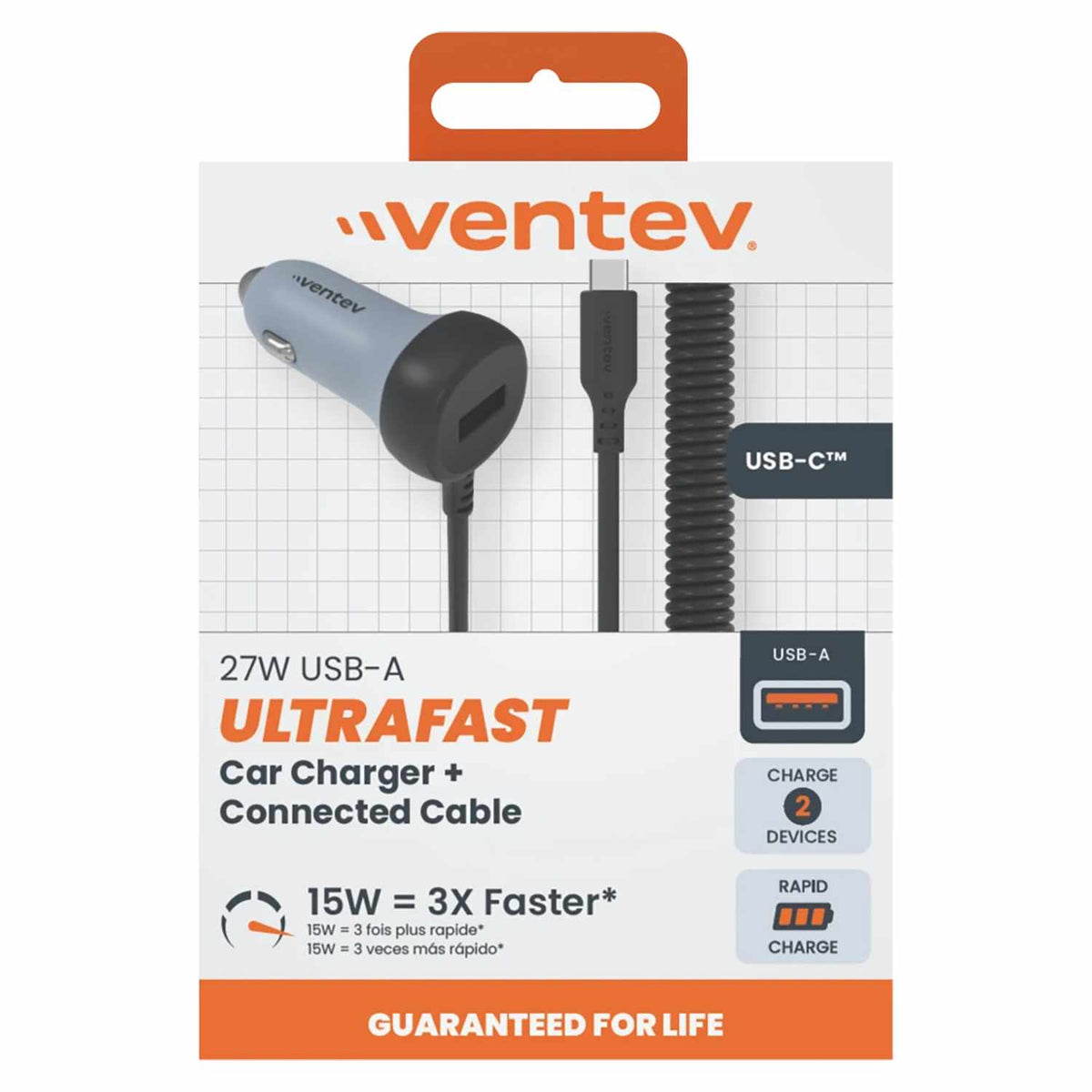 Ventev Car Charger 27W USB-C Black with USB Cable Black