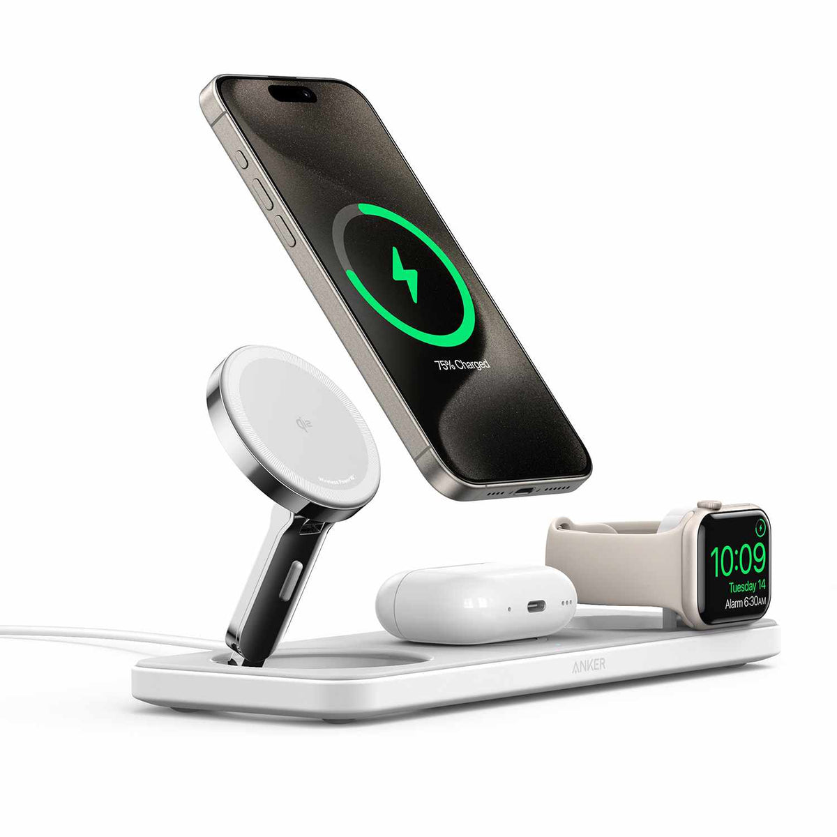 Anker MagGo Qi2 3-en-1 recharge sans fil Station 15W — blanc