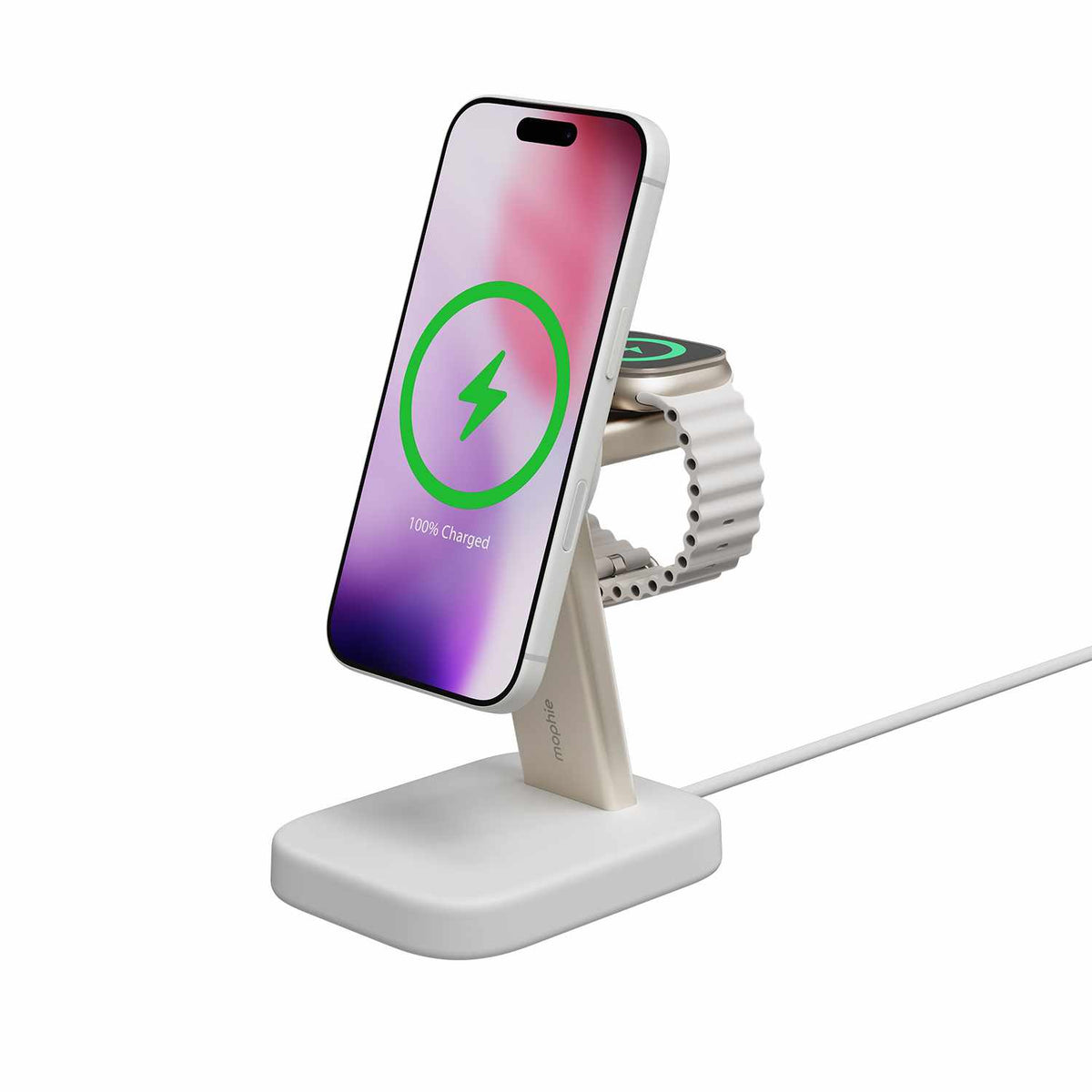 mophie Qi2 2-en-1 — Support de recharge sans fil 15W blanc pour téléphone et Apple Watch