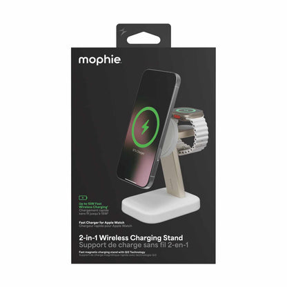 mophie Qi2 2-en-1 — Support de recharge sans fil 15W blanc pour téléphone et Apple Watch