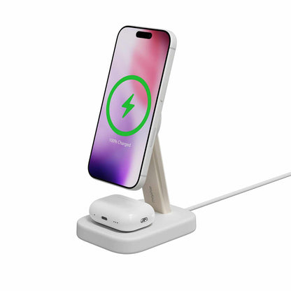 mophie Qi2 2-en-1 — Support de recharge sans fil 15W blanc pour téléphone et Apple AirPods