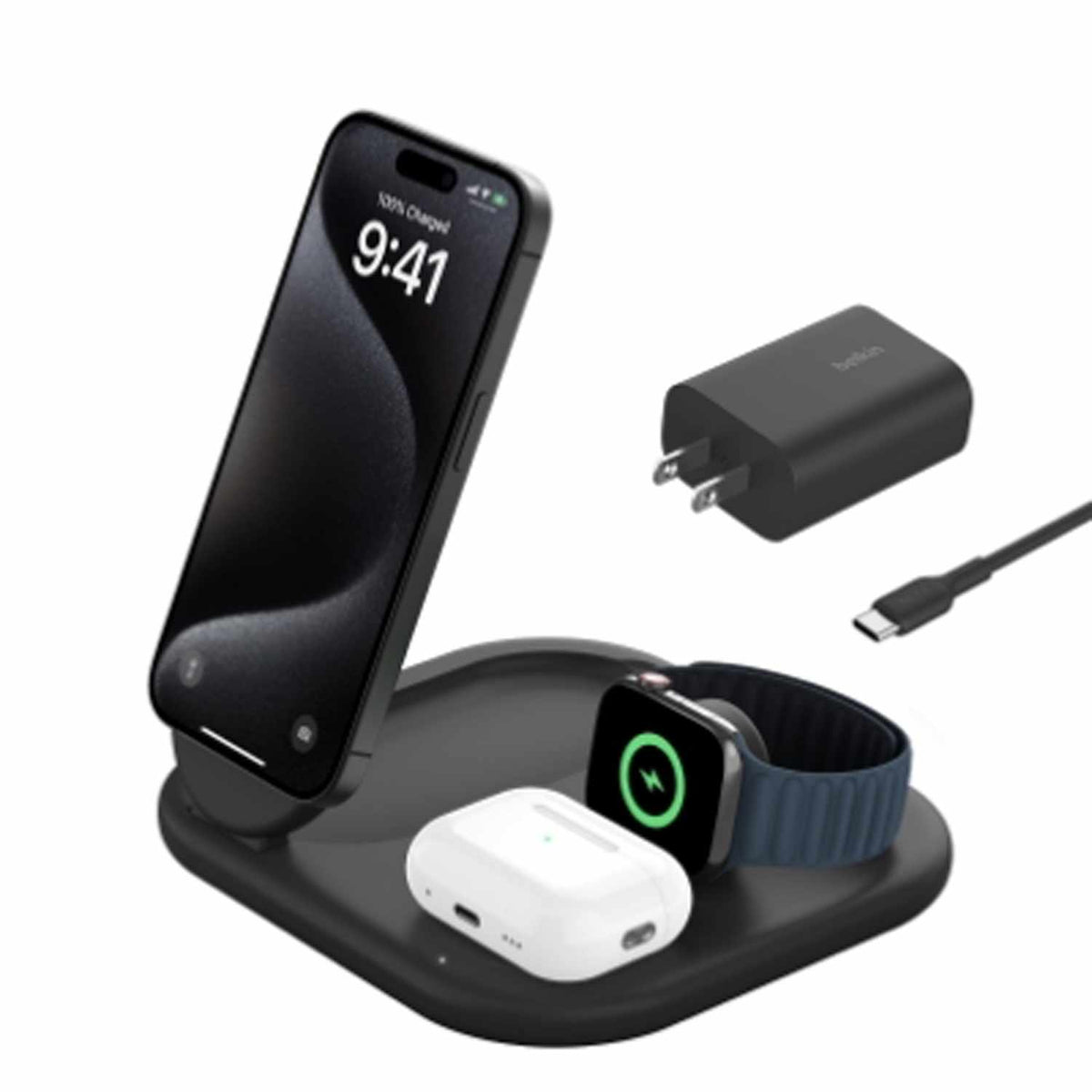 Belkin BoostCharge Qi2 3-en-1 — Support de recharge sans fil 15 W — noir