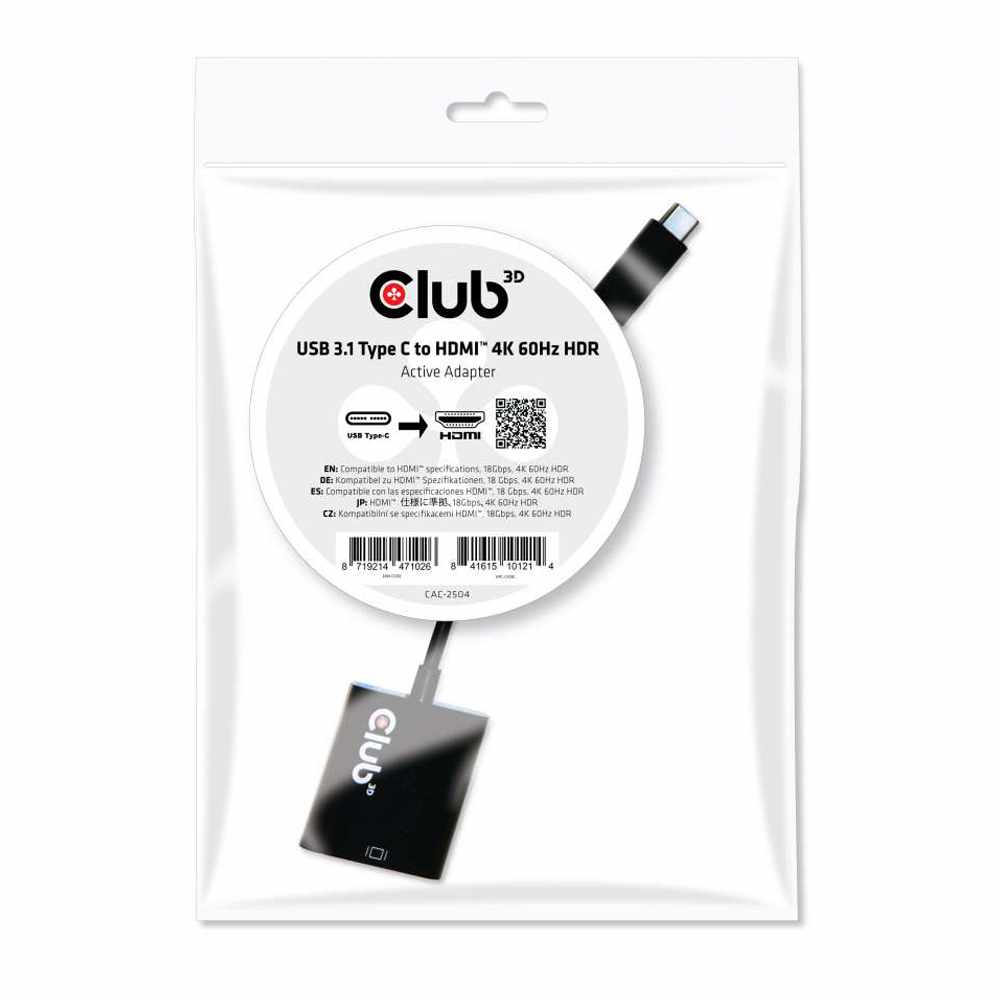 Club3D USB-C 3.1 Gen 1 to HDMI 2.0 4K 60Hz HDR Active Adapter Black
