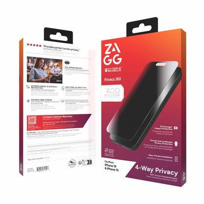 ZAGG InvisibleShield Glass Elite 4-Way Privacy Screen Protector for iPhone 16/15