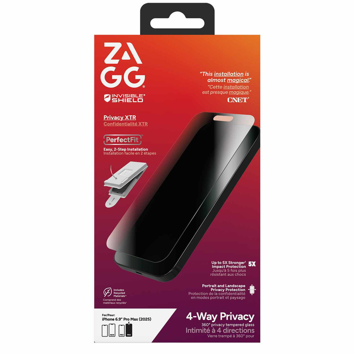 ZAGG InvisibleShield Glass XTR 4-Way Privacy Screen Protector for iPhone 17 Pro Max