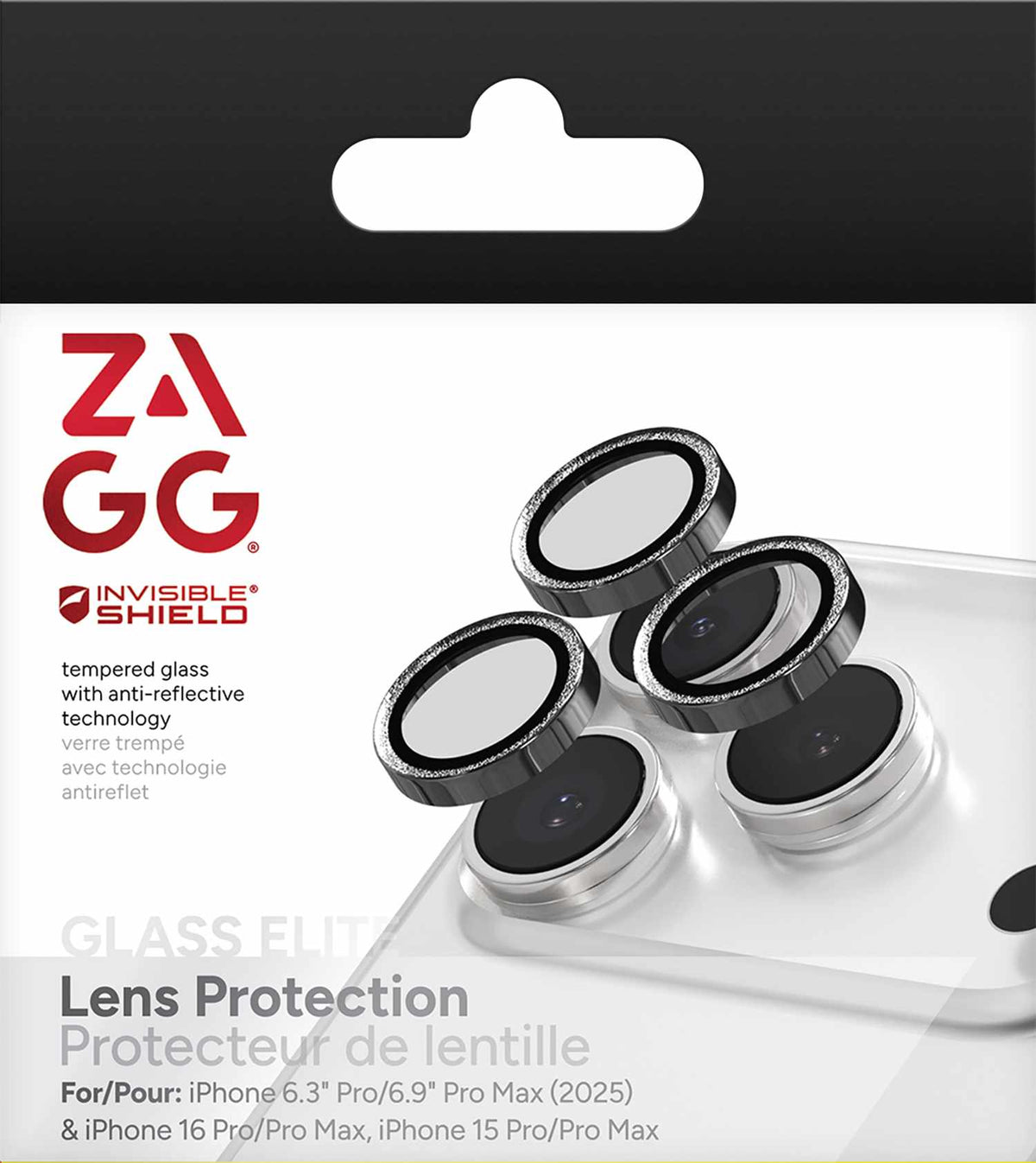 ZAGG InvisibleShield Glass Elite Anti-Reflective Lens Protector Silver Glitter for iPhone 17 Pro/17 Pro Max/iPhone 16 Pro Max/16 Pro/15 Pro Max/15 Pro