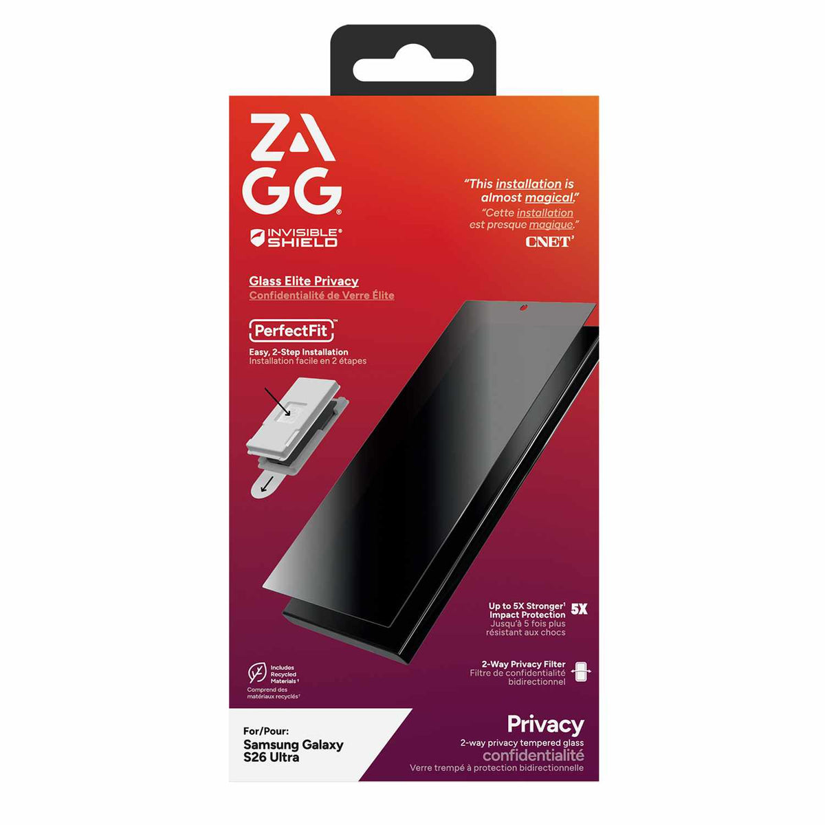 ZAGG InvisibleShield Glass Elite 2-Way Privacy Screen Protector for Samsung Galaxy S26 Ultra