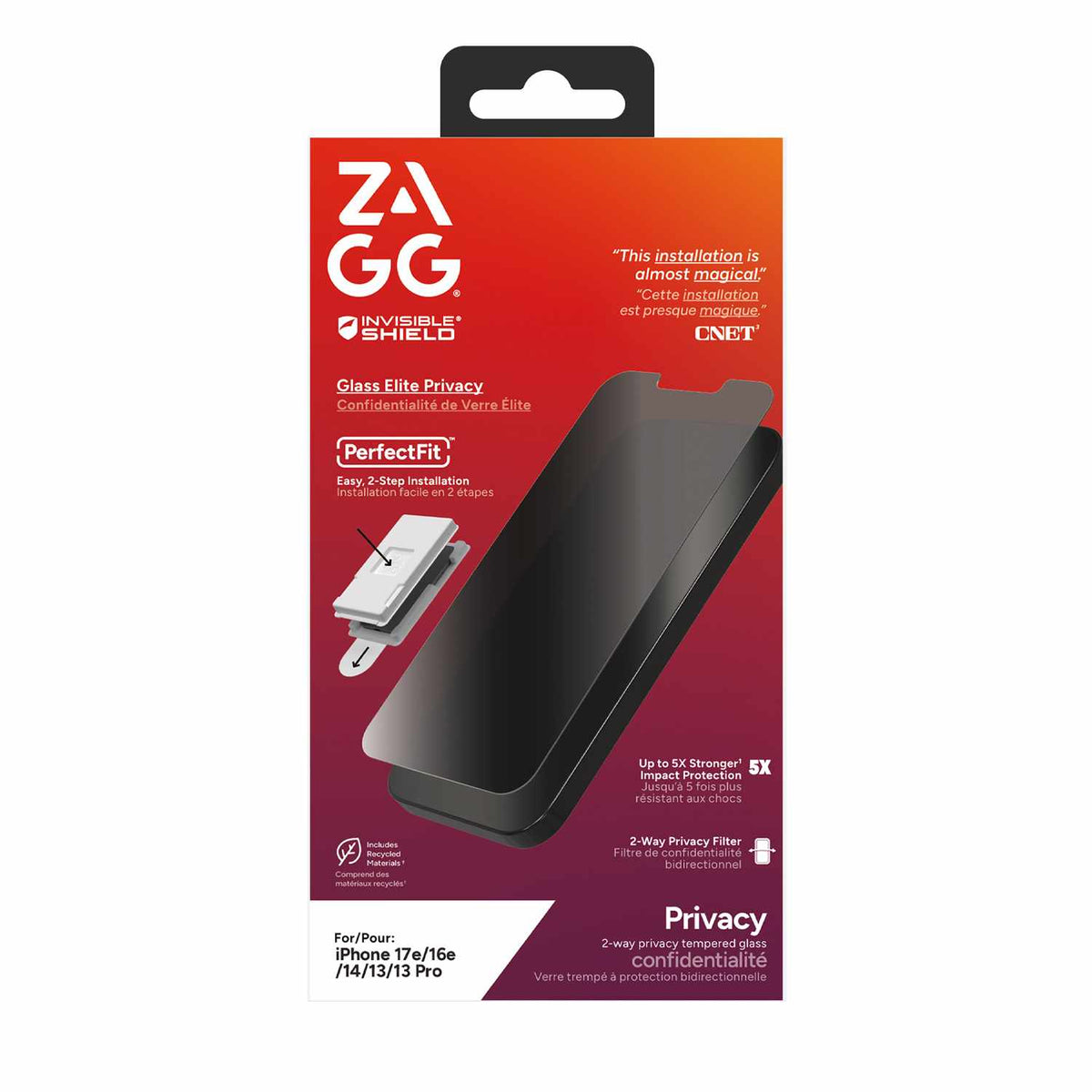 ZAGG InvisibleShield Glass Elite 2 directions — Protecteur d’écran de confidentialité pour iPhone 17e/16e/14/13 Pro/13