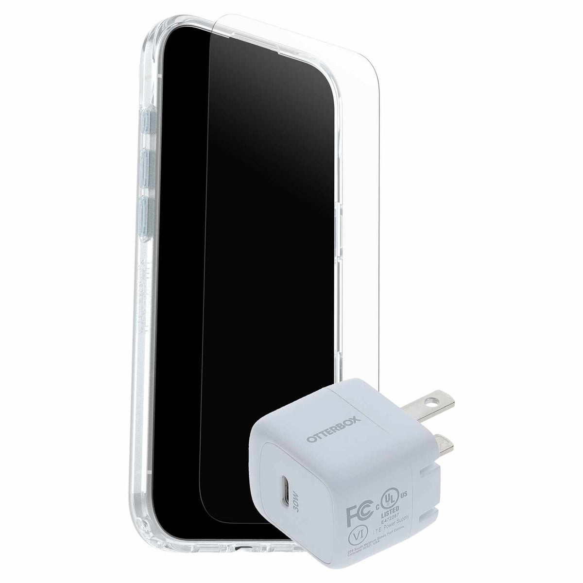 OtterBox — Ensemble Protection et alimentation (Symmetry Clear MagSafe avec Verre + Chargeur mural 30W blanc) transparent pour iPhone Air