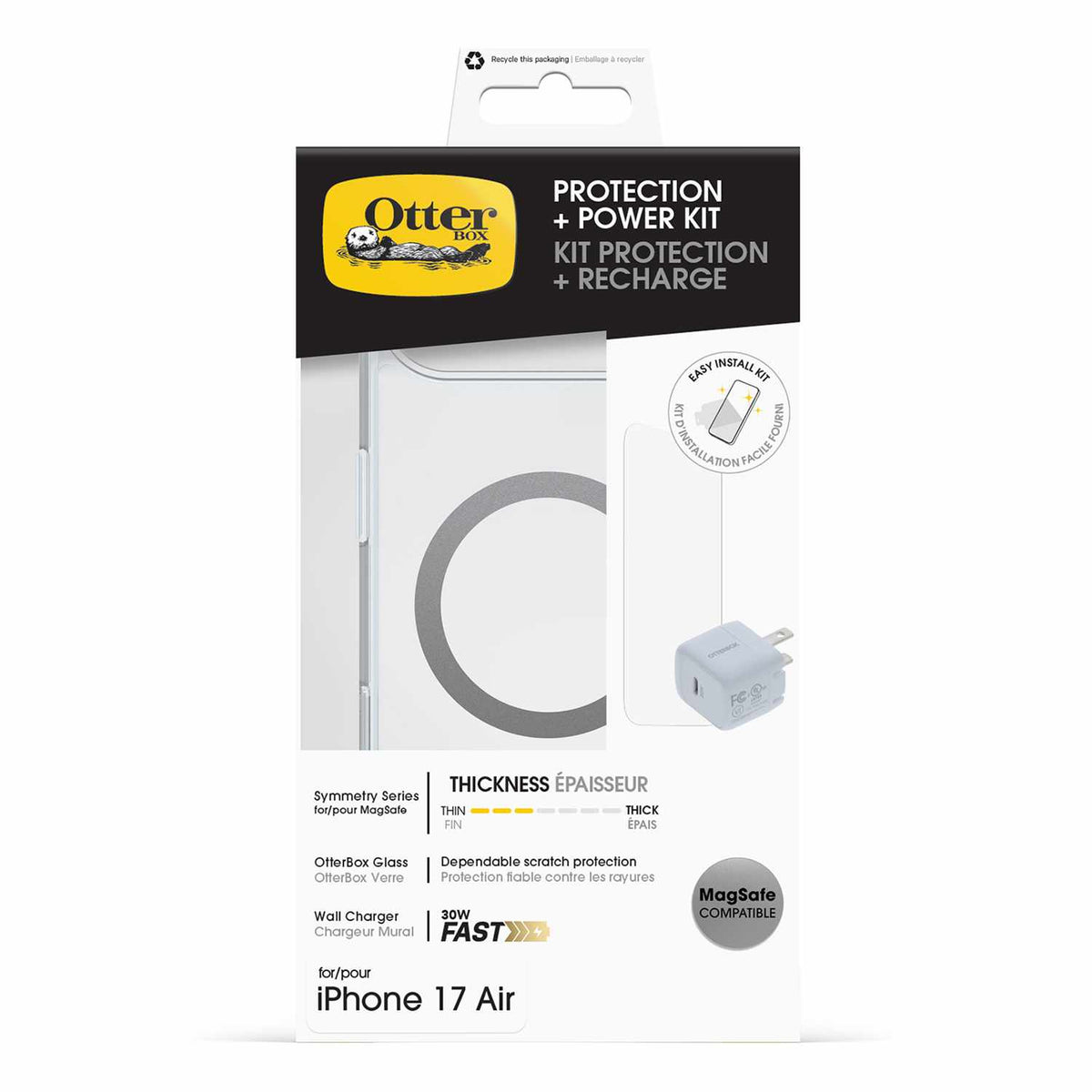 OtterBox — Ensemble Protection et alimentation (Symmetry Clear MagSafe avec Verre + Chargeur mural 30W blanc) transparent pour iPhone Air