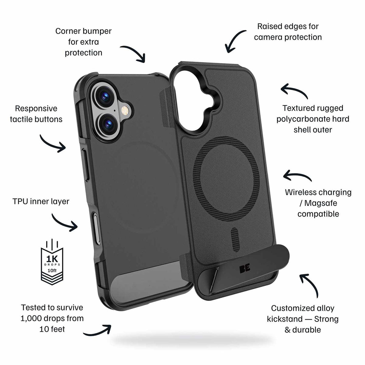 Blu Element Armour Ultra — Étui MagSafe avec support pour iPhone 16 — noir