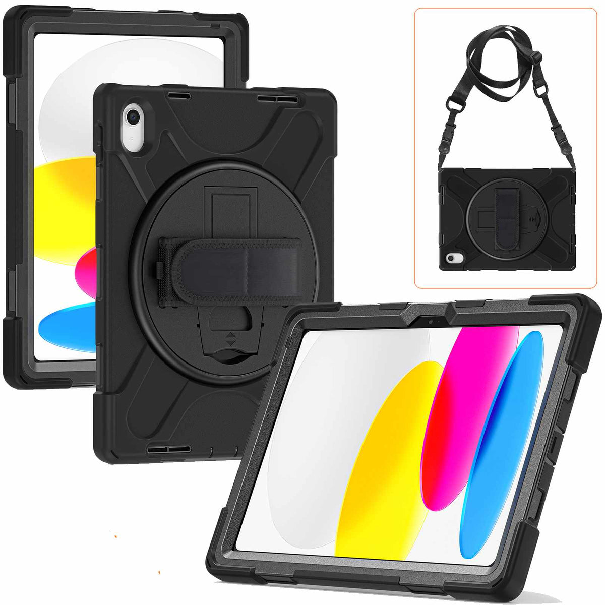 Bulk Packaging Heavy Duty Case w/Kickstand/Built-in Screen Protector/Hand and Shoulder Strap Black for iPad 11 2025 (11th Gen)/iPad 10.9 2022 (10th Gen)