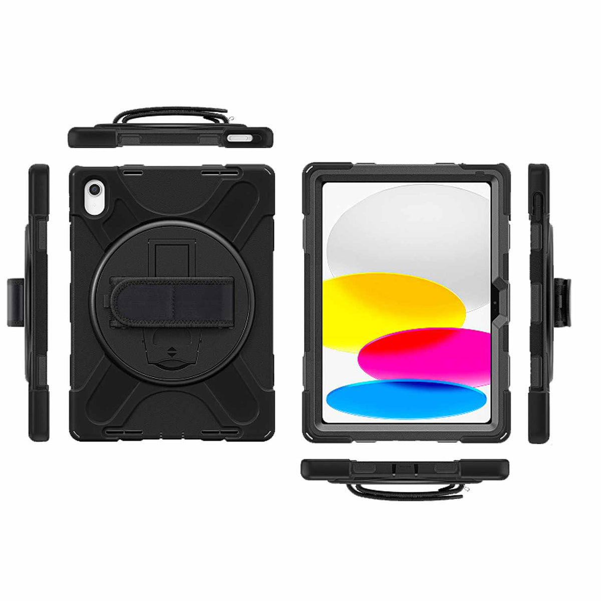 Bulk Packaging Heavy Duty Case w/Kickstand/Built-in Screen Protector/Hand and Shoulder Strap Black for iPad 11 2025 (11th Gen)/iPad 10.9 2022 (10th Gen)