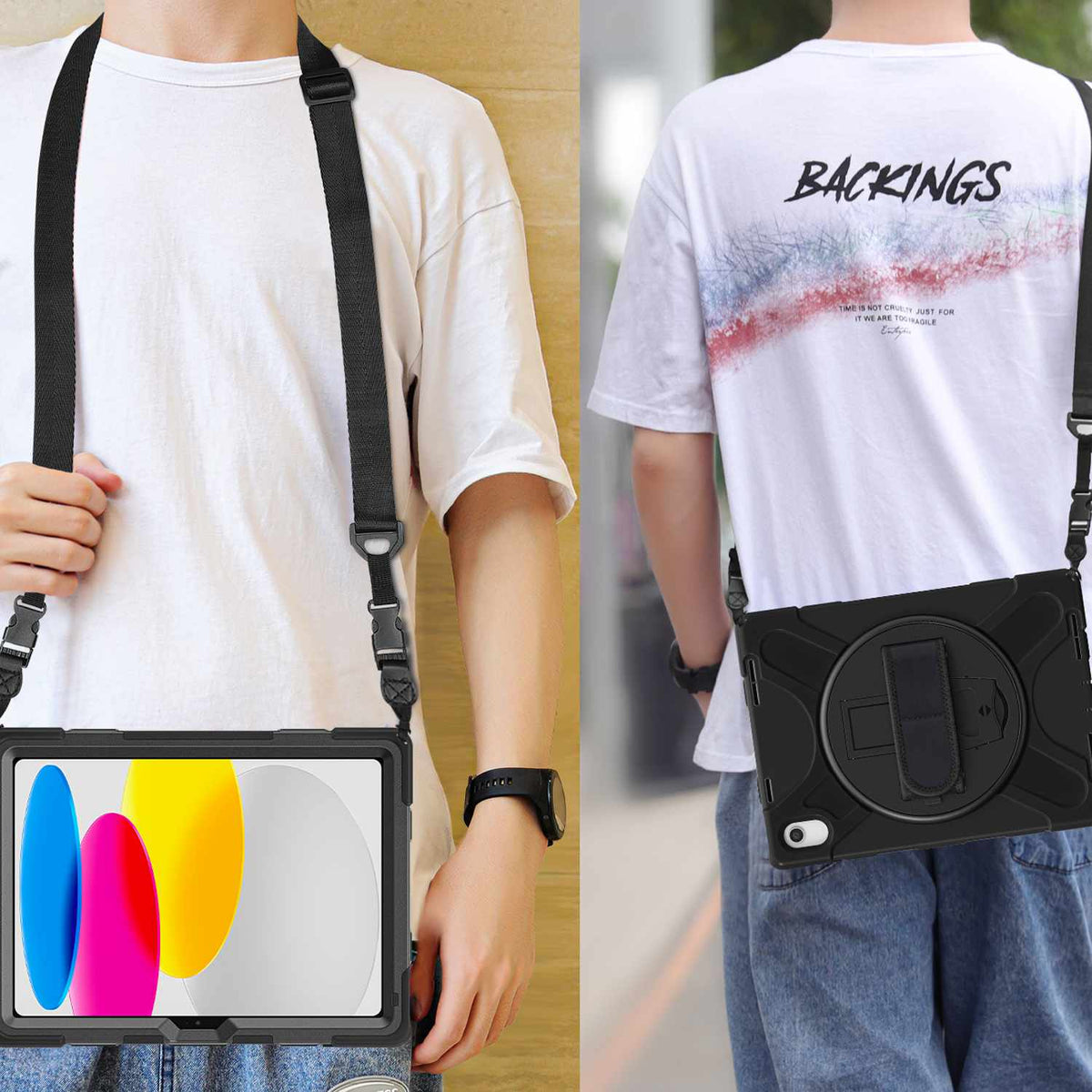 Bulk Packaging Heavy Duty Case w/Kickstand/Built-in Screen Protector/Hand and Shoulder Strap Black for iPad 11 2025 (11th Gen)/iPad 10.9 2022 (10th Gen)