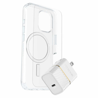 OtterBox — Ensemble Protection et alimentation (Symmetry Clear MagSafe avec Verre + Chargeur mural 30W blanc) pour iPhone 16
