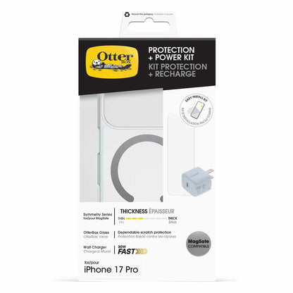OtterBox — Ensemble Protection et alimentation (Symmetry Clear MagSafe avec Verre + Chargeur mural 30W blanc) transparent pour iPhone 18 Pro/17 Pro