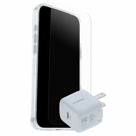 OtterBox — Ensemble Protection et alimentation (Symmetry Clear MagSafe avec Verre + Chargeur mural 30W blanc) transparent pour iPhone 17 Pro Max